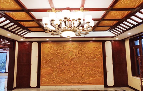 涵江中式别墅客厅中式木作横梁吊顶装饰展示